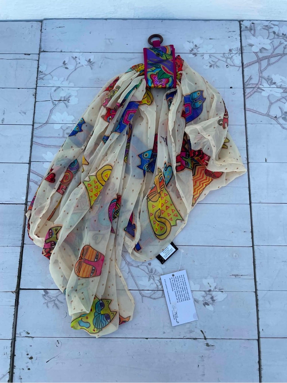 Laurel Burch Cream Scarf with Multicolor Cat Print